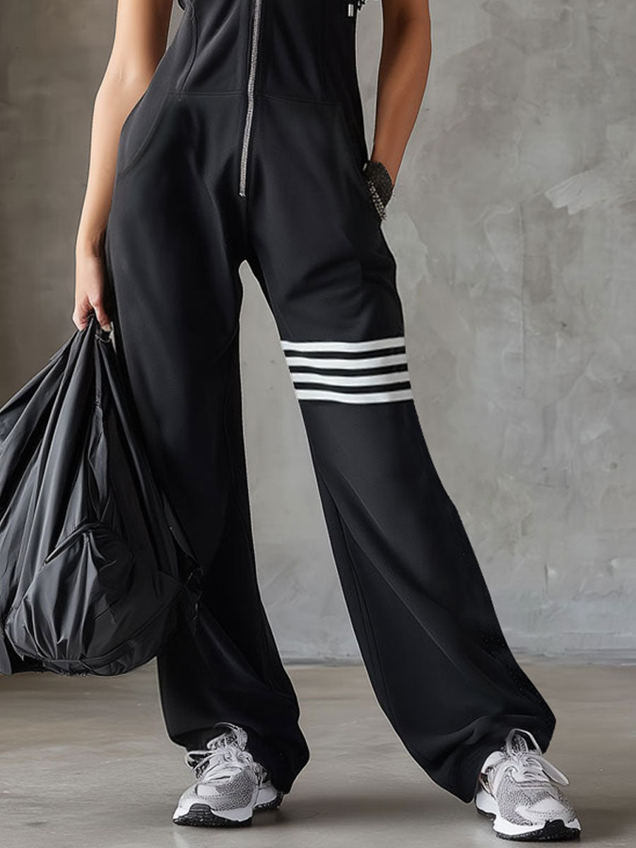 Sporty Retro Lace Striped Black Sleeveless Hooded Jumpsuit