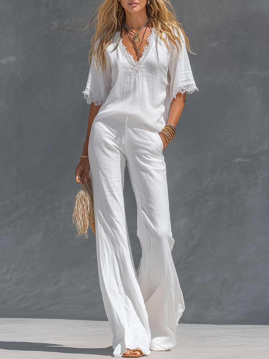 Retro V-neck Cotton And Linen Short-sleeved T-shirt And Wide-leg Pants Set